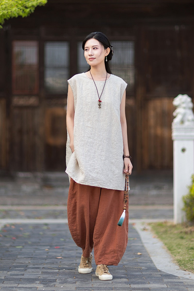 Tao One Tech™ • Zen Business Qigong Shirt Sun Dress • Sleeveless • All Season Layer • Chinoiserie • Ramie Cotton