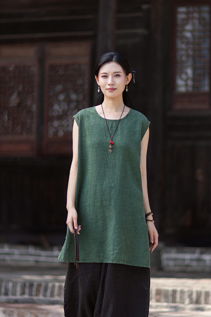 Tao One Tech™ • Zen Business Qigong Shirt Sun Dress • Sleeveless • All Season Layer • Chinoiserie • Ramie Cotton