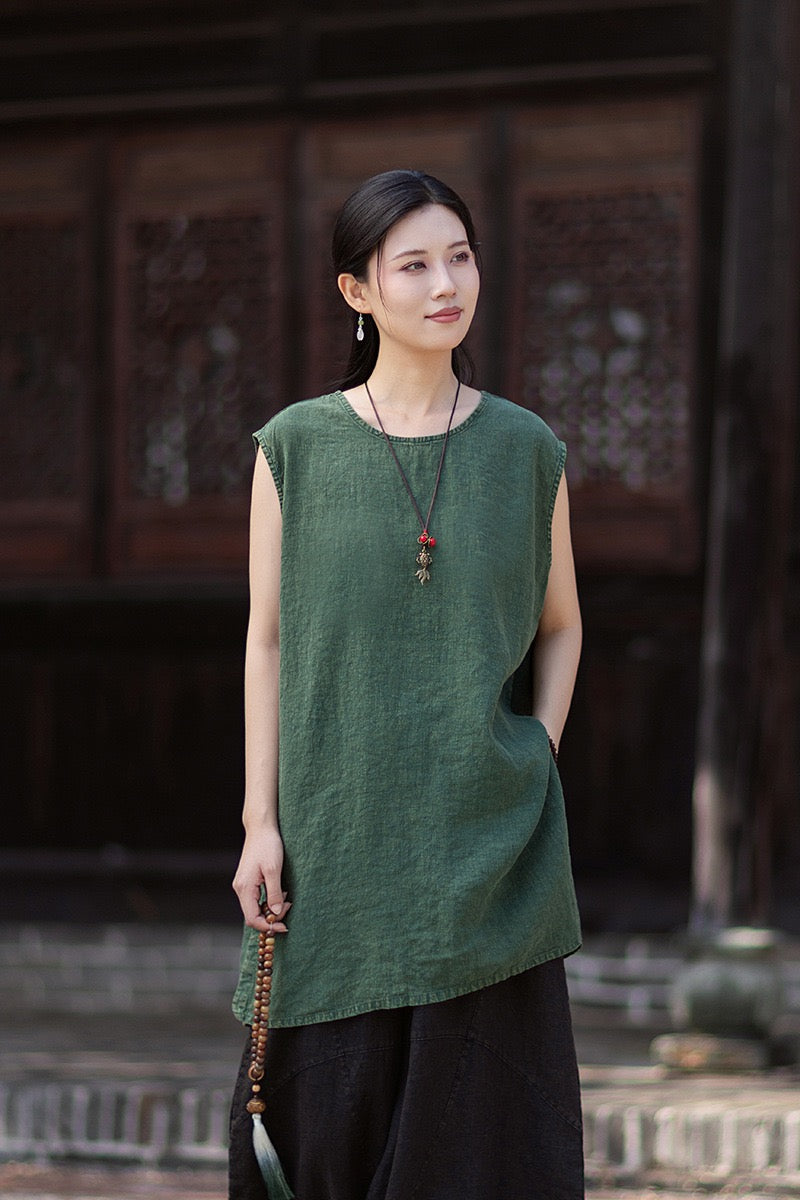Tao One Tech™ • Zen Business Qigong Shirt Sun Dress • Sleeveless • All Season Layer • Chinoiserie • Ramie Cotton