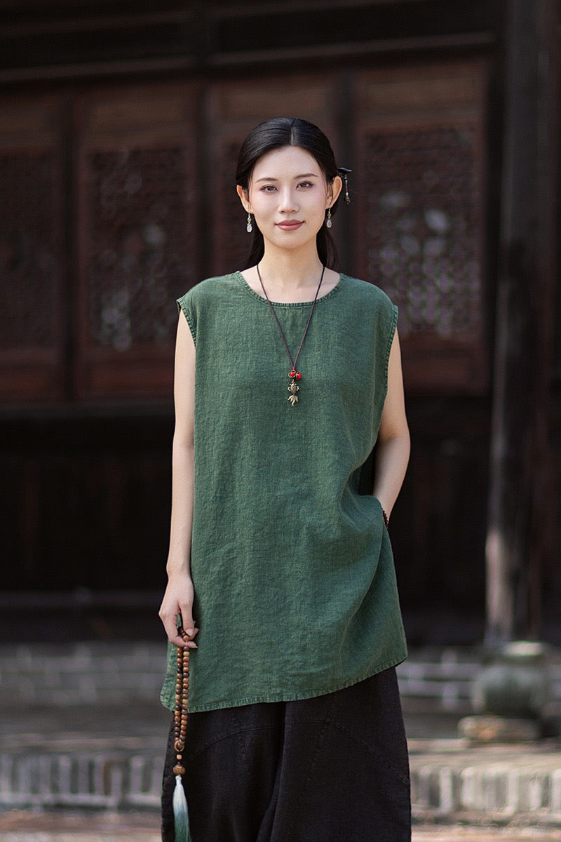 Tao One Tech™ • Zen Business Qigong Shirt Sun Dress • Sleeveless • All Season Layer • Chinoiserie • Ramie Cotton