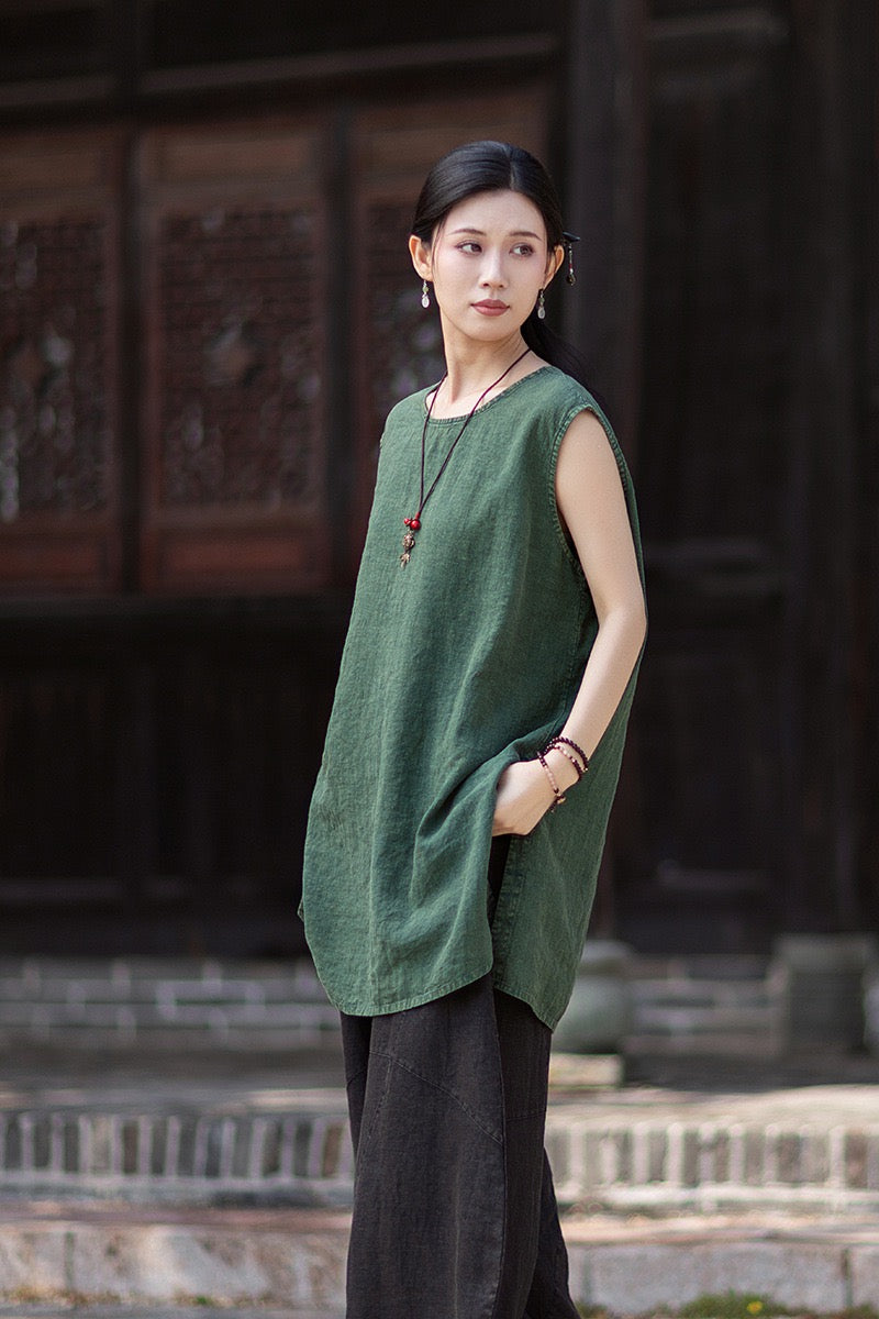 Tao One Tech™ • Zen Business Qigong Shirt Sun Dress • Sleeveless • All Season Layer • Chinoiserie • Ramie Cotton