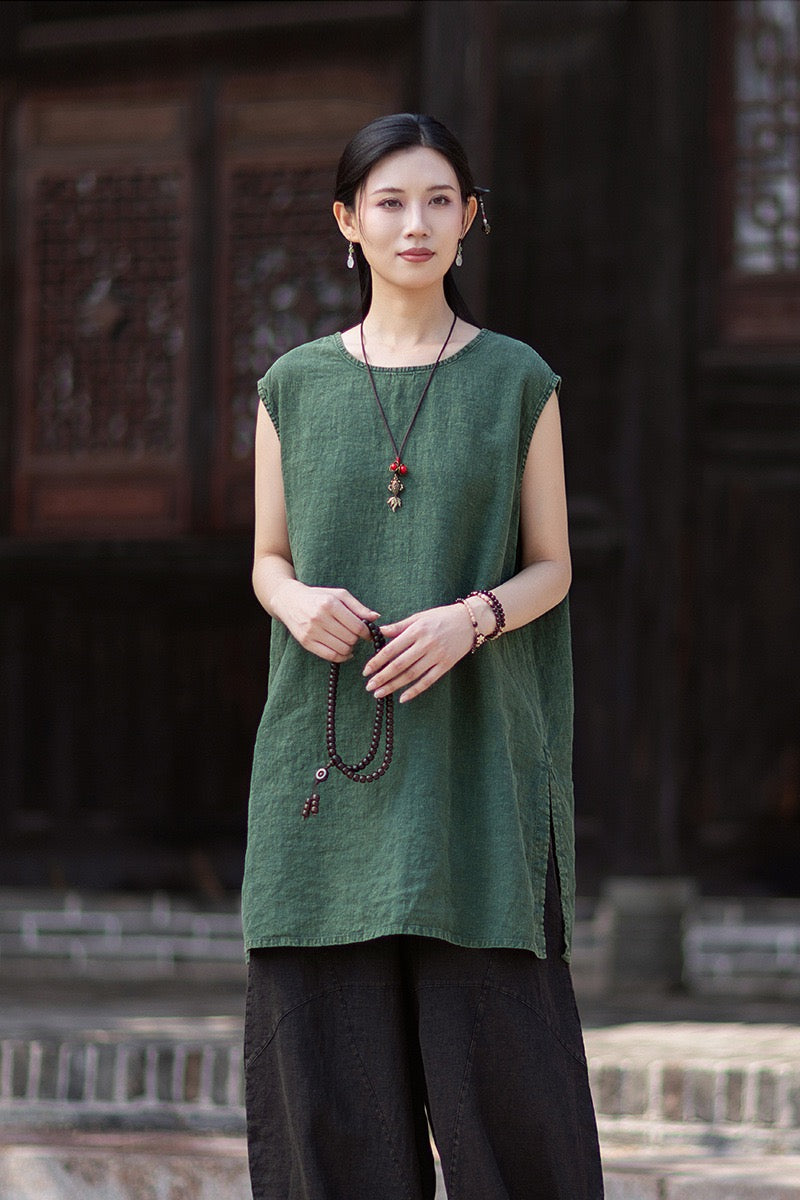 Tao One Tech™ • Zen Business Qigong Shirt Sun Dress • Sleeveless • All Season Layer • Chinoiserie • Ramie Cotton