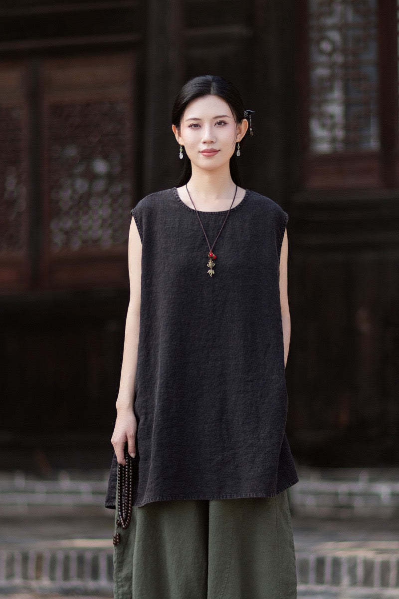 Tao One Tech™ • Zen Business Qigong Shirt Sun Dress • Sleeveless • All Season Layer • Chinoiserie • Ramie Cotton