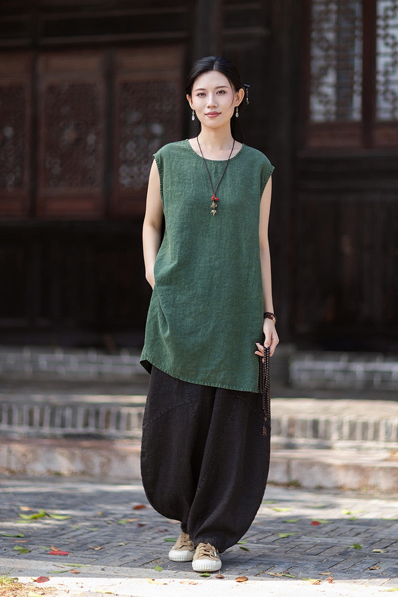 Tao One Tech™ • Zen Business Qigong Shirt Sun Dress • Sleeveless • All Season Layer • Chinoiserie • Ramie Cotton