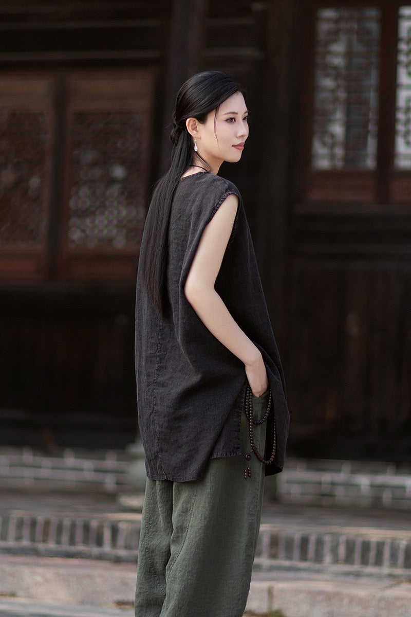 Tao One Tech™ • Zen Business Qigong Shirt Sun Dress • Sleeveless • All Season Layer • Chinoiserie • Ramie Cotton