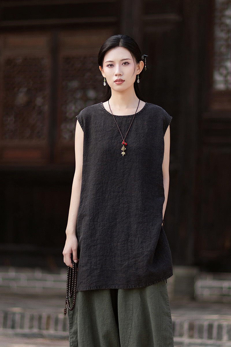 Tao One Tech™ • Zen Business Qigong Shirt Sun Dress • Sleeveless • All Season Layer • Chinoiserie • Ramie Cotton