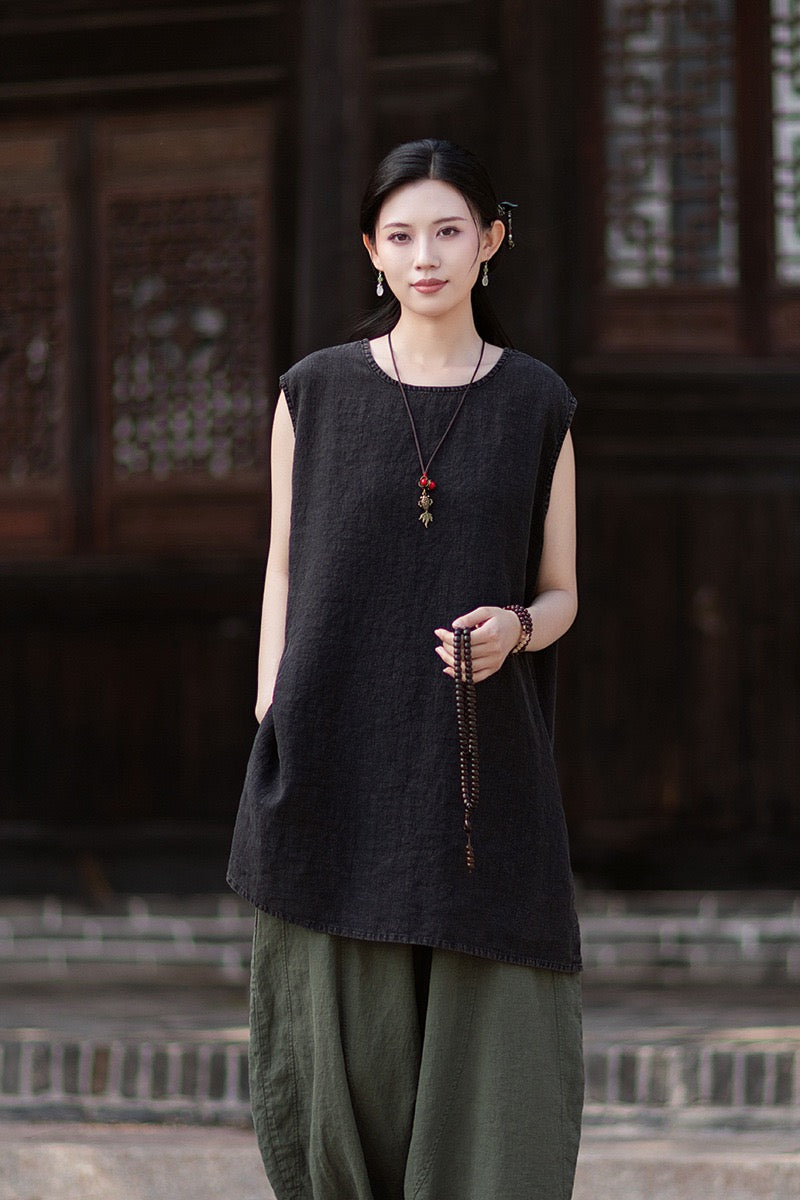 Tao One Tech™ • Zen Business Qigong Shirt Sun Dress • Sleeveless • All Season Layer • Chinoiserie • Ramie Cotton