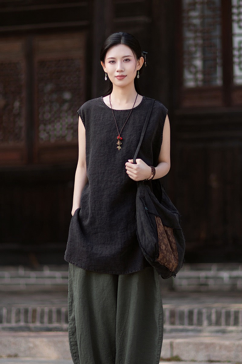 Tao One Tech™ • Zen Business Qigong Shirt Sun Dress • Sleeveless • All Season Layer • Chinoiserie • Ramie Cotton