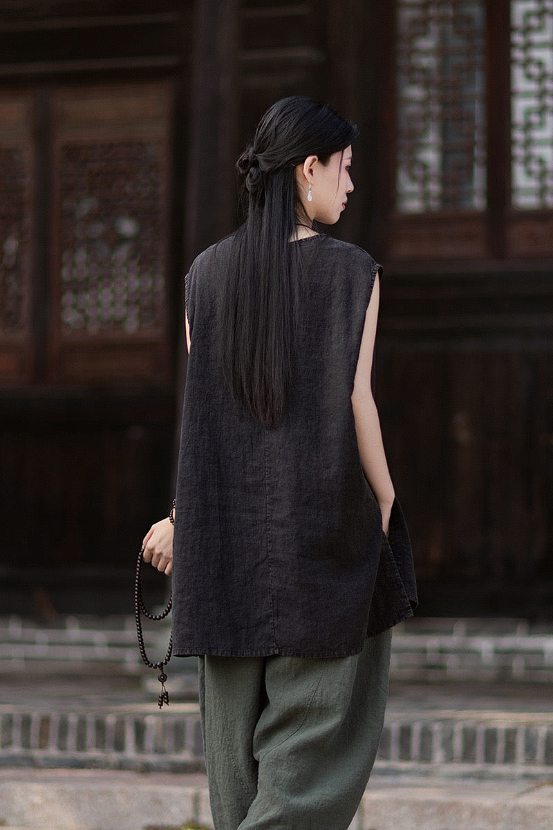 Tao One Tech™ • Zen Business Qigong Shirt Sun Dress • Sleeveless • All Season Layer • Chinoiserie • Ramie Cotton