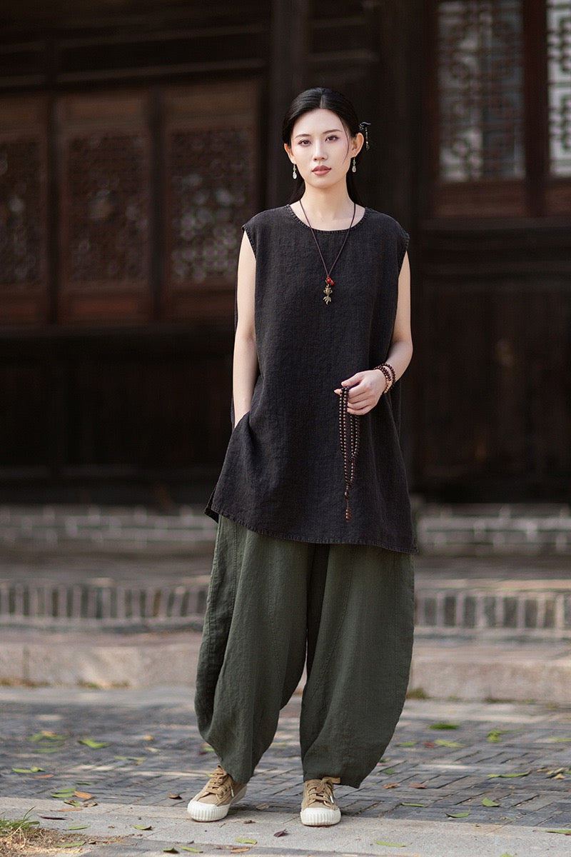 Tao One Tech™ • Zen Business Qigong Shirt Sun Dress • Sleeveless • All Season Layer • Chinoiserie • Ramie Cotton