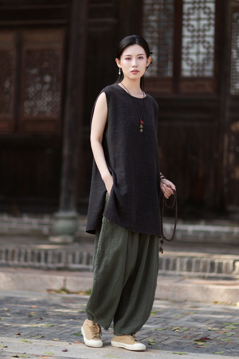 Tao One Tech™ • Zen Business Qigong Shirt Sun Dress • Sleeveless • All Season Layer • Chinoiserie • Ramie Cotton