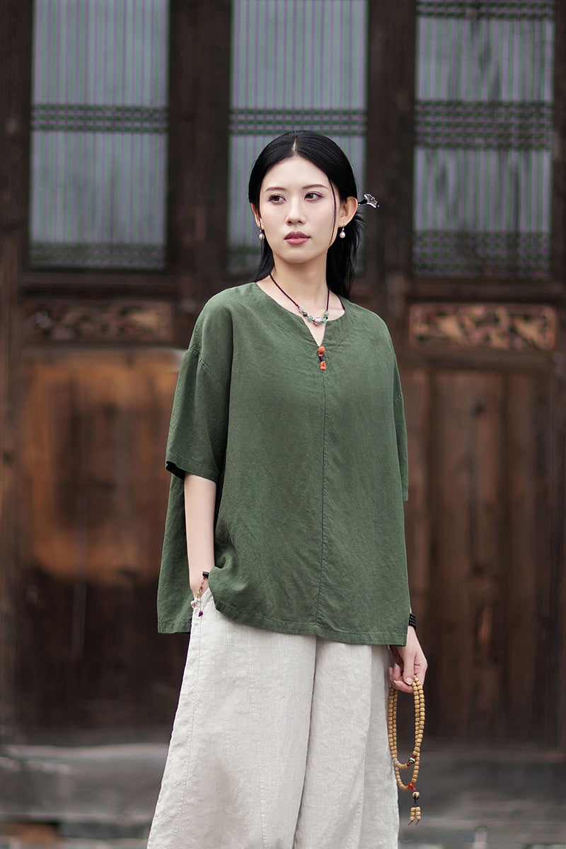 Tao One Tech™ • Zen Business Qigong T-Shirt • All Season Layer • Chinoiserie • Tencel Lyocell Linen