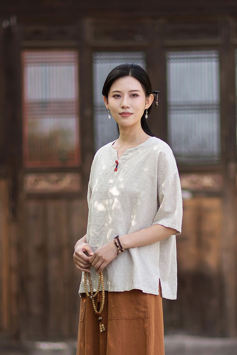 Tao One Tech™ • Zen Business Qigong T-Shirt • All Season Layer • Chinoiserie • Tencel Lyocell Linen