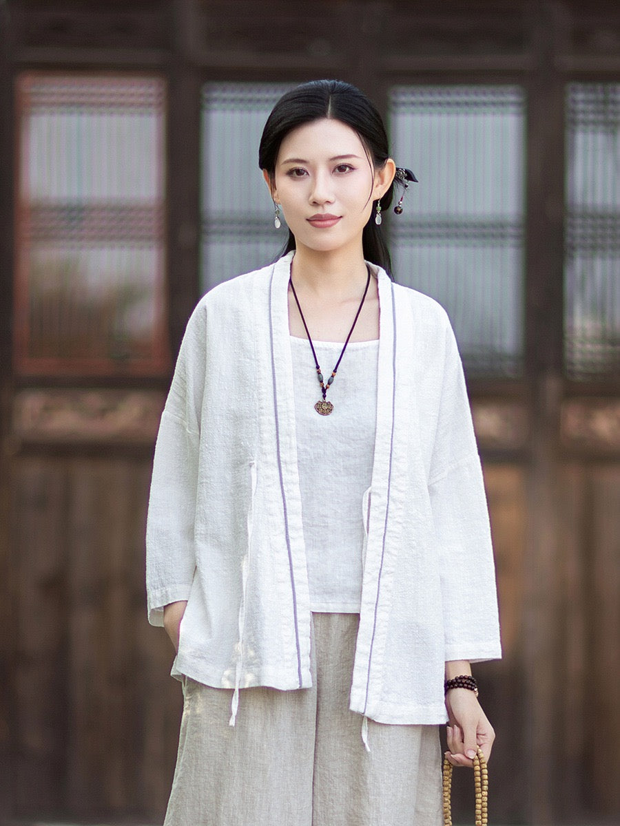 Tao One Tech™ • Zen Business Qigong Tea Hanfu Kimono • Cardigan Jacket • Sunscreen Layer • All Season Layer • Chinoiserie • Ramie Cotton