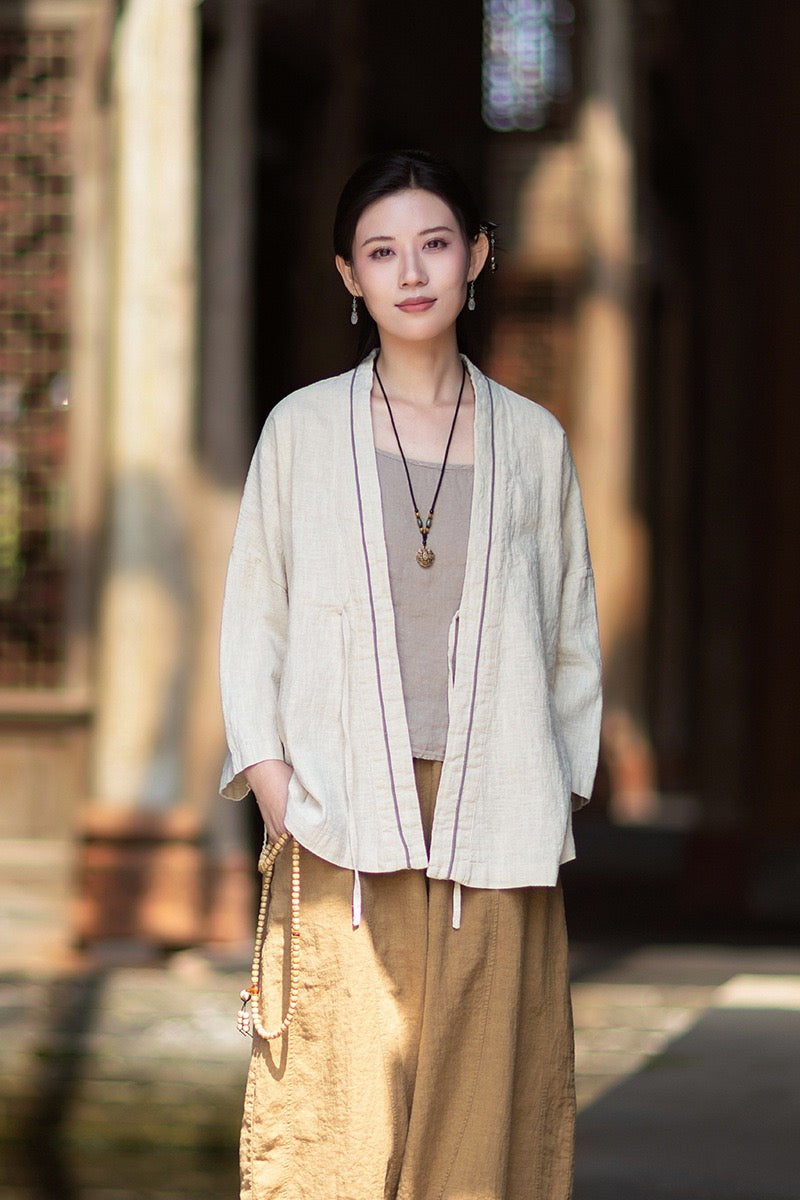 Tao One Tech™ • Zen Business Qigong Tea Hanfu Kimono • Cardigan Jacket • Sunscreen Layer • All Season Layer • Chinoiserie • Ramie Cotton