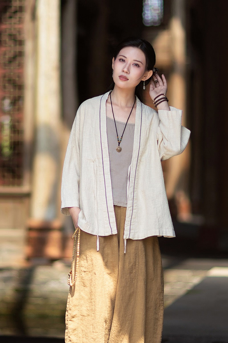 Tao One Tech™ • Zen Business Qigong Tea Hanfu Kimono • Cardigan Jacket • Sunscreen Layer • All Season Layer • Chinoiserie • Ramie Cotton