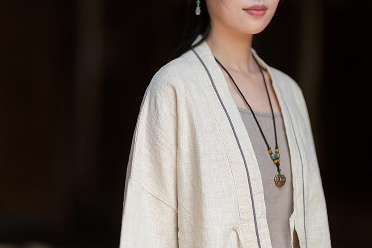 Tao One Tech™ • Zen Business Qigong Tea Hanfu Kimono • Cardigan Jacket • Sunscreen Layer • All Season Layer • Chinoiserie • Ramie Cotton