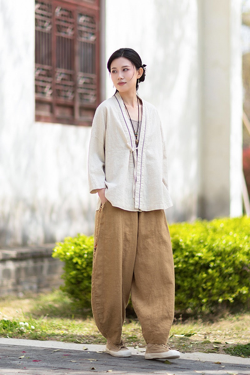 Tao One Tech™ • Zen Business Qigong Tea Hanfu Kimono • Cardigan Jacket • Sunscreen Layer • All Season Layer • Chinoiserie • Ramie Cotton