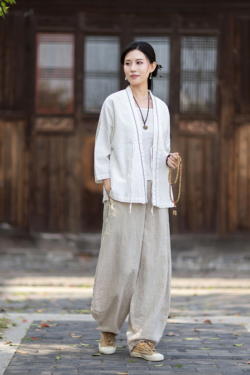 Tao One Tech™ • Zen Business Qigong Tea Hanfu Kimono • Cardigan Jacket • Sunscreen Layer • All Season Layer • Chinoiserie • Ramie Cotton
