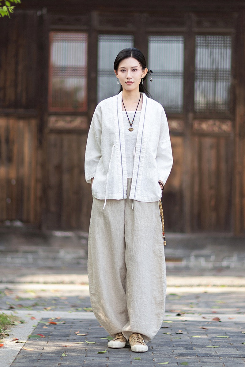 Tao One Tech™ • Zen Business Qigong Tea Hanfu Kimono • Cardigan Jacket • Sunscreen Layer • All Season Layer • Chinoiserie • Ramie Cotton