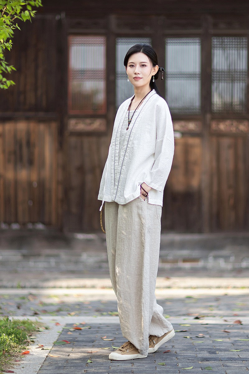 Tao One Tech™ • Zen Business Qigong Tea Hanfu Kimono • Cardigan Jacket • Sunscreen Layer • All Season Layer • Chinoiserie • Ramie Cotton