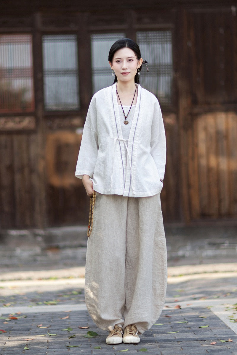 Tao One Tech™ • Zen Business Qigong Tea Hanfu Kimono • Cardigan Jacket • Sunscreen Layer • All Season Layer • Chinoiserie • Ramie Cotton