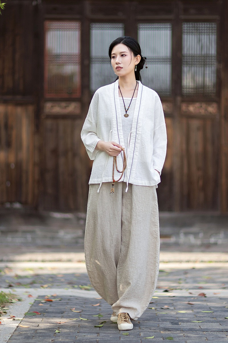 Tao One Tech™ • Zen Business Qigong Tea Hanfu Kimono • Cardigan Jacket • Sunscreen Layer • All Season Layer • Chinoiserie • Ramie Cotton
