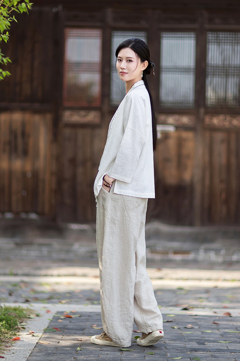 Tao One Tech™ • Zen Business Qigong Tea Hanfu Kimono • Cardigan Jacket • Sunscreen Layer • All Season Layer • Chinoiserie • Ramie Cotton