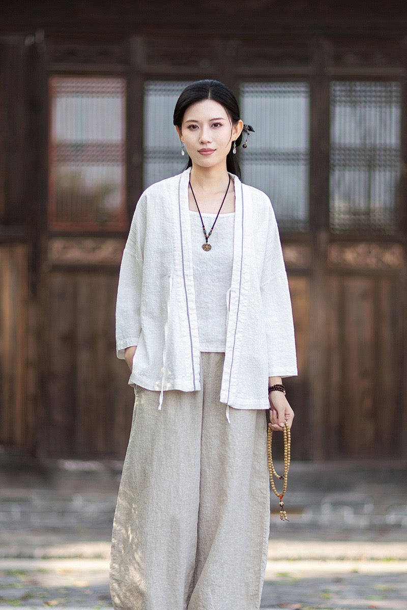 Tao One Tech™ • Zen Business Qigong Tea Hanfu Kimono • Cardigan Jacket • Sunscreen Layer • All Season Layer • Chinoiserie • Ramie Cotton