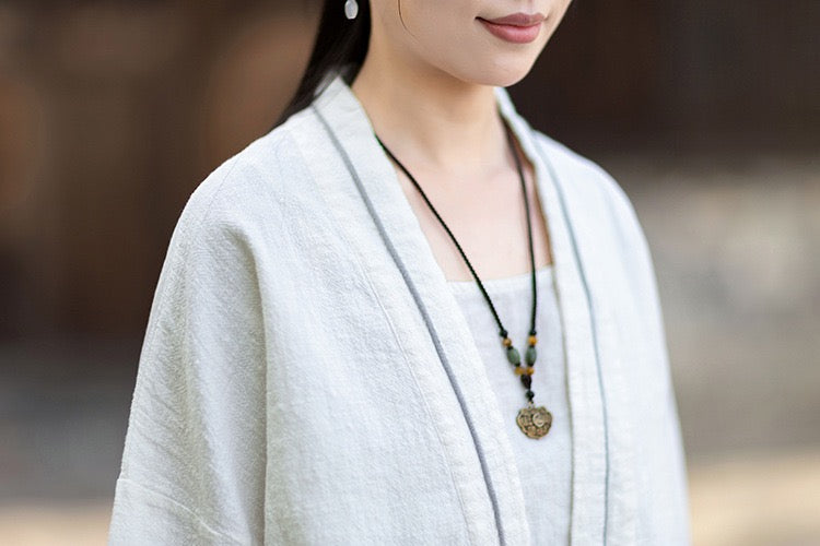 Tao One Tech™ • Zen Business Qigong Tea Hanfu Kimono • Cardigan Jacket • Sunscreen Layer • All Season Layer • Chinoiserie • Ramie Cotton