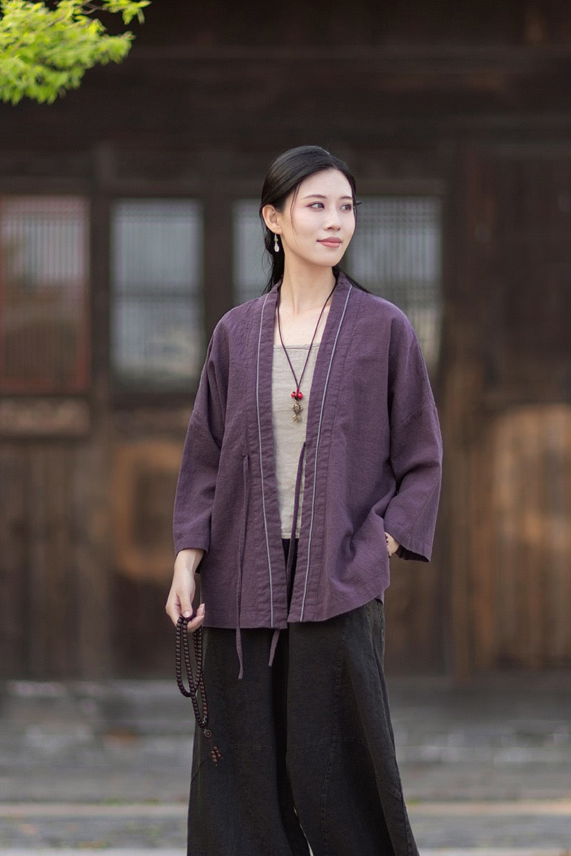Tao One Tech™ • Zen Business Qigong Tea Hanfu Kimono • Cardigan Jacket • Sunscreen Layer • All Season Layer • Chinoiserie • Ramie Cotton