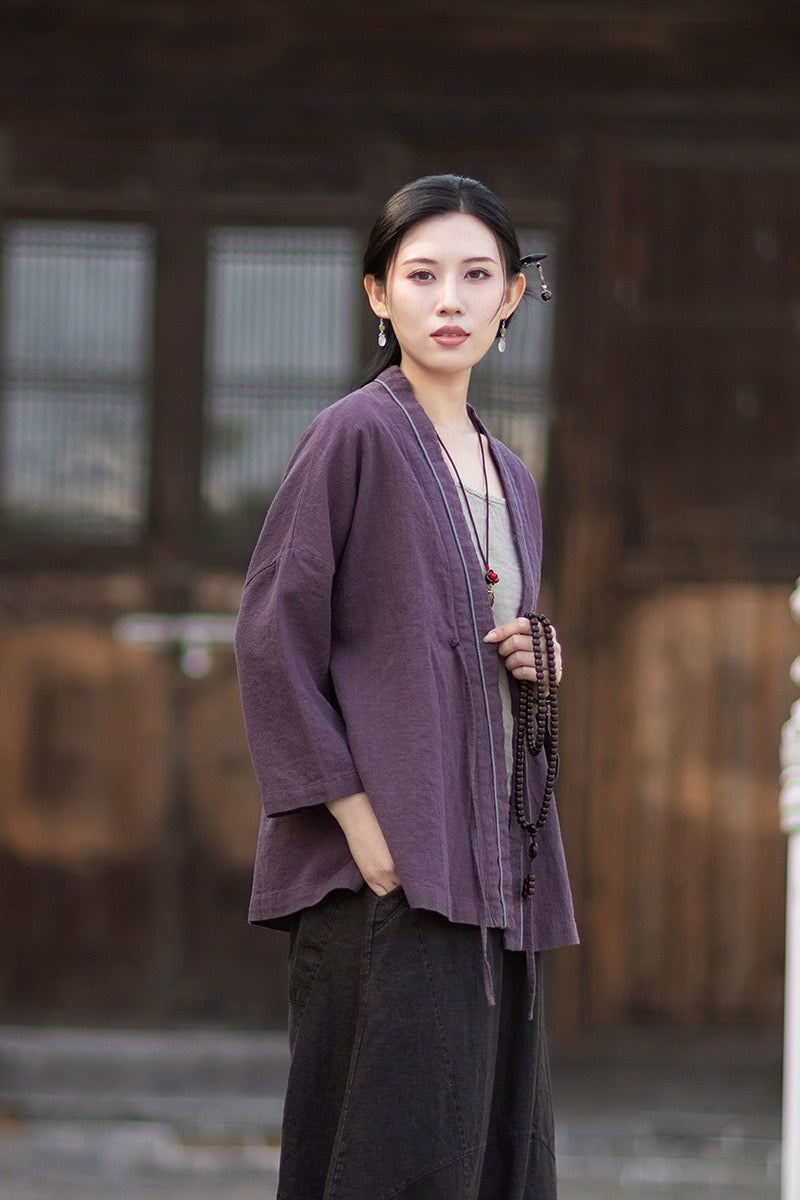 Tao One Tech™ • Zen Business Qigong Tea Hanfu Kimono • Cardigan Jacket • Sunscreen Layer • All Season Layer • Chinoiserie • Ramie Cotton