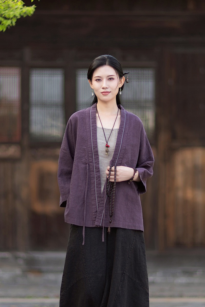 Tao One Tech™ • Zen Business Qigong Tea Hanfu Kimono • Cardigan Jacket • Sunscreen Layer • All Season Layer • Chinoiserie • Ramie Cotton