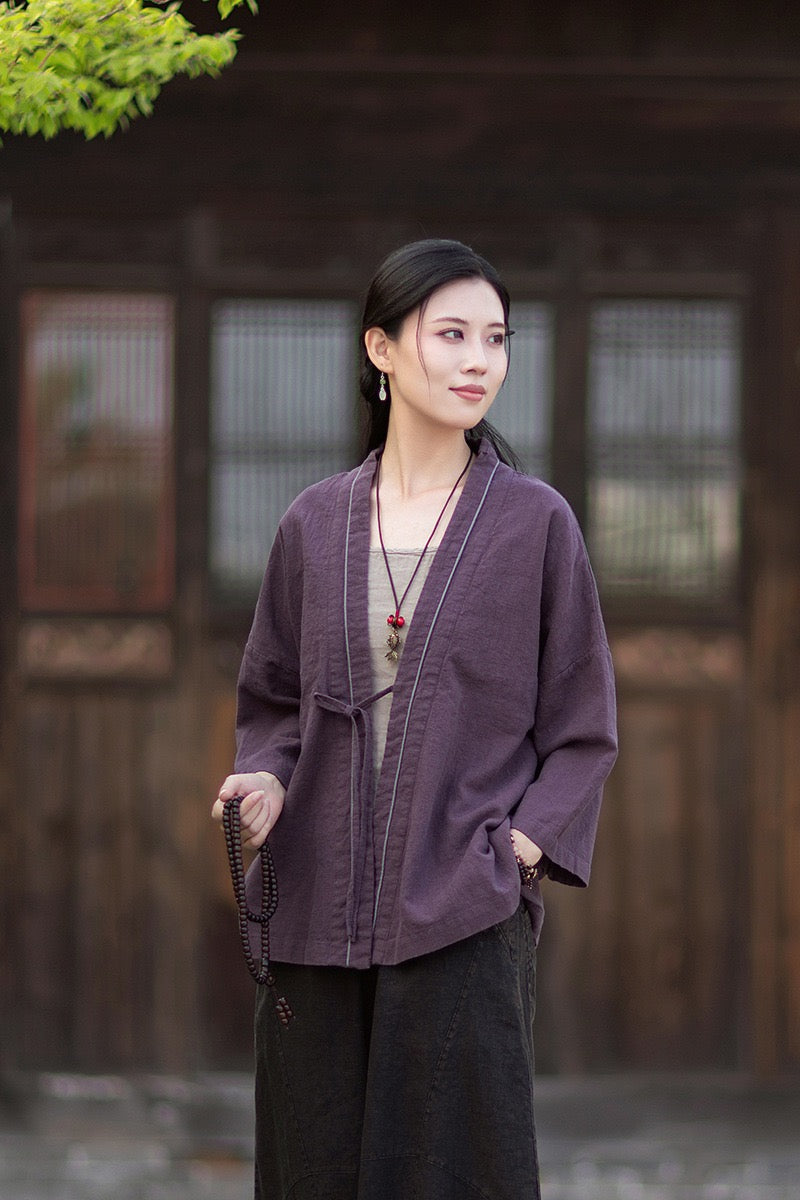 Tao One Tech™ • Zen Business Qigong Tea Hanfu Kimono • Cardigan Jacket • Sunscreen Layer • All Season Layer • Chinoiserie • Ramie Cotton