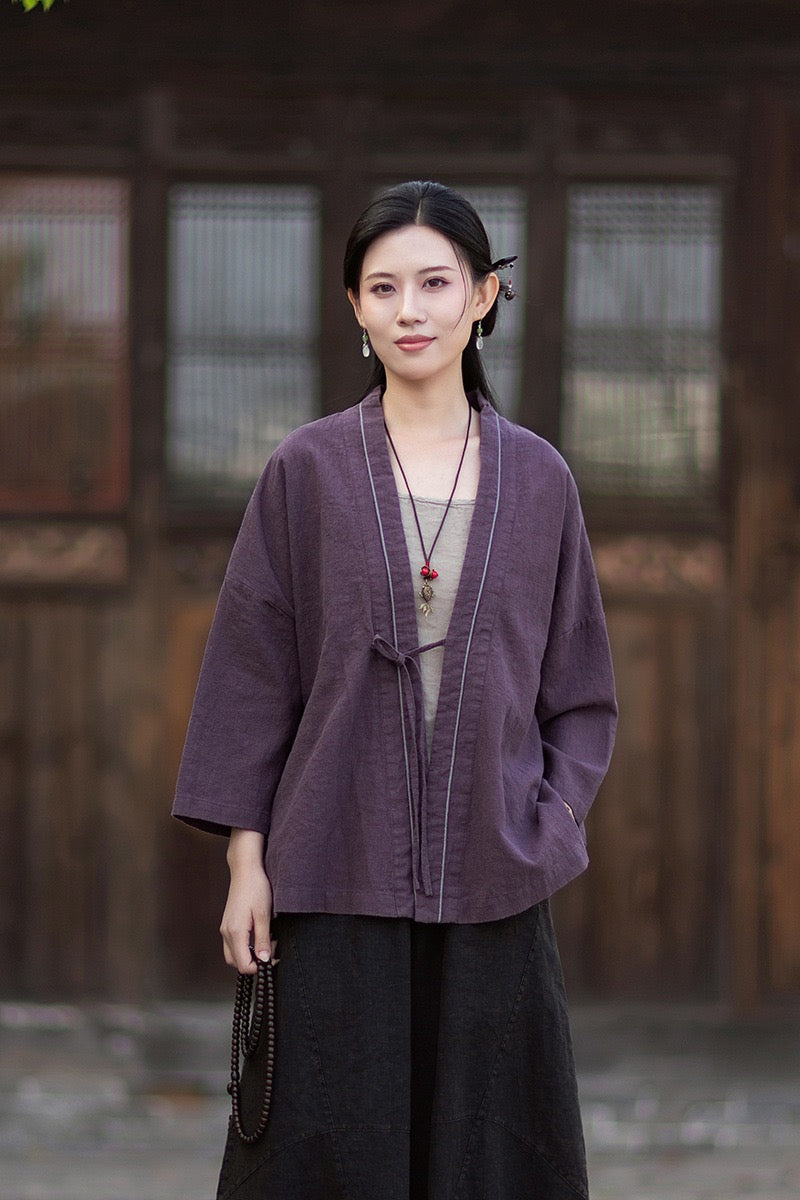 Tao One Tech™ • Zen Business Qigong Tea Hanfu Kimono • Cardigan Jacket • Sunscreen Layer • All Season Layer • Chinoiserie • Ramie Cotton