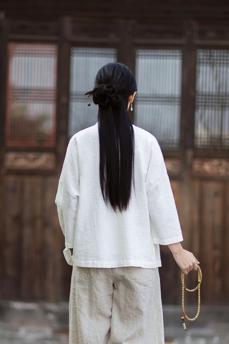 Tao One Tech™ • Zen Business Qigong Tea Hanfu Kimono • Cardigan Jacket • Sunscreen Layer • All Season Layer • Chinoiserie • Ramie Cotton