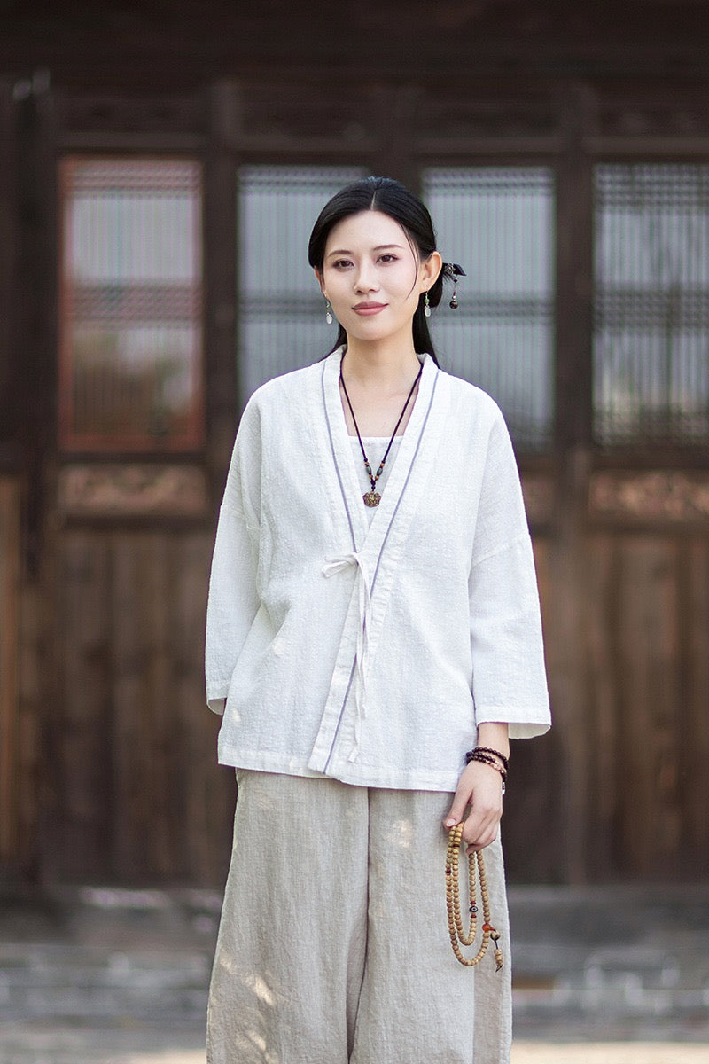 Tao One Tech™ • Zen Business Qigong Tea Hanfu Kimono • Cardigan Jacket • Sunscreen Layer • All Season Layer • Chinoiserie • Ramie Cotton