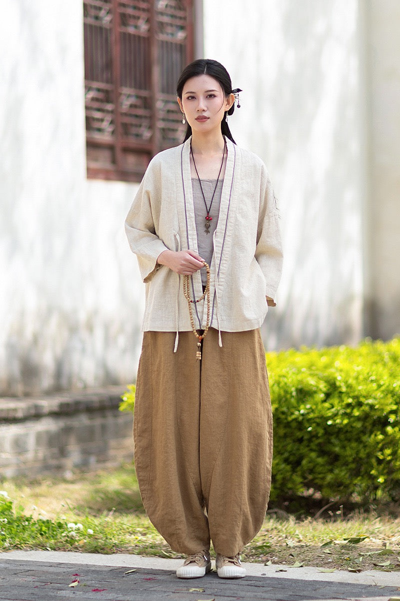 Tao One Tech™ • Zen Business Qigong Tea Hanfu Kimono • Cardigan Jacket • Sunscreen Layer • All Season Layer • Chinoiserie • Ramie Cotton