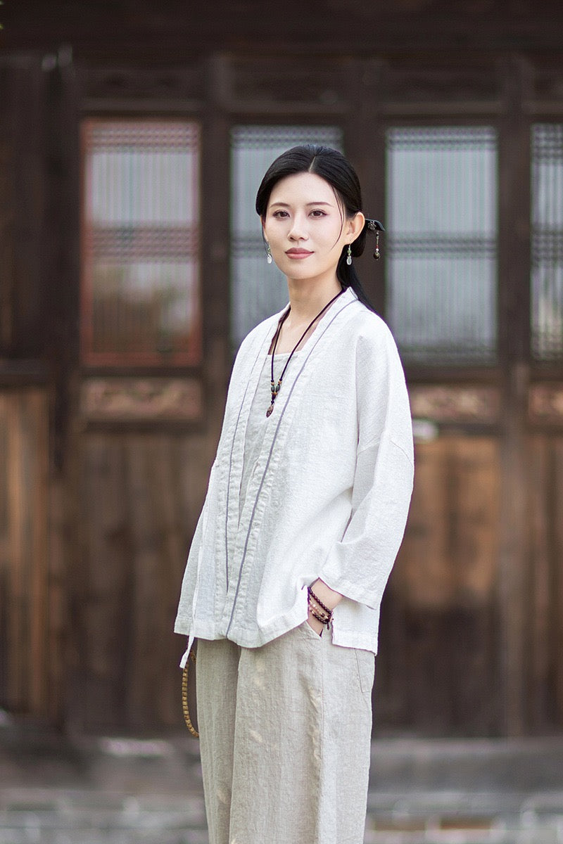 Tao One Tech™ • Zen Business Qigong Tea Hanfu Kimono • Cardigan Jacket • Sunscreen Layer • All Season Layer • Chinoiserie • Ramie Cotton