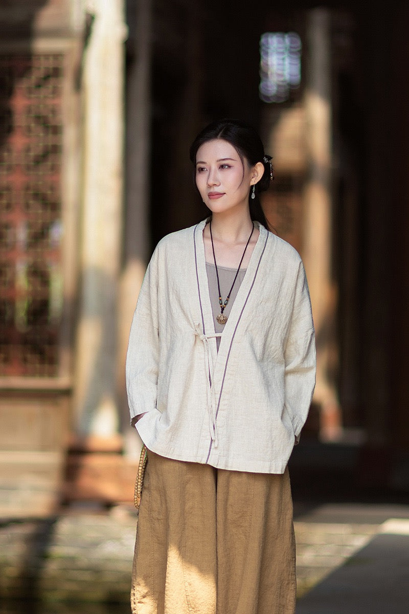 Tao One Tech™ • Zen Business Qigong Tea Hanfu Kimono • Cardigan Jacket • Sunscreen Layer • All Season Layer • Chinoiserie • Ramie Cotton