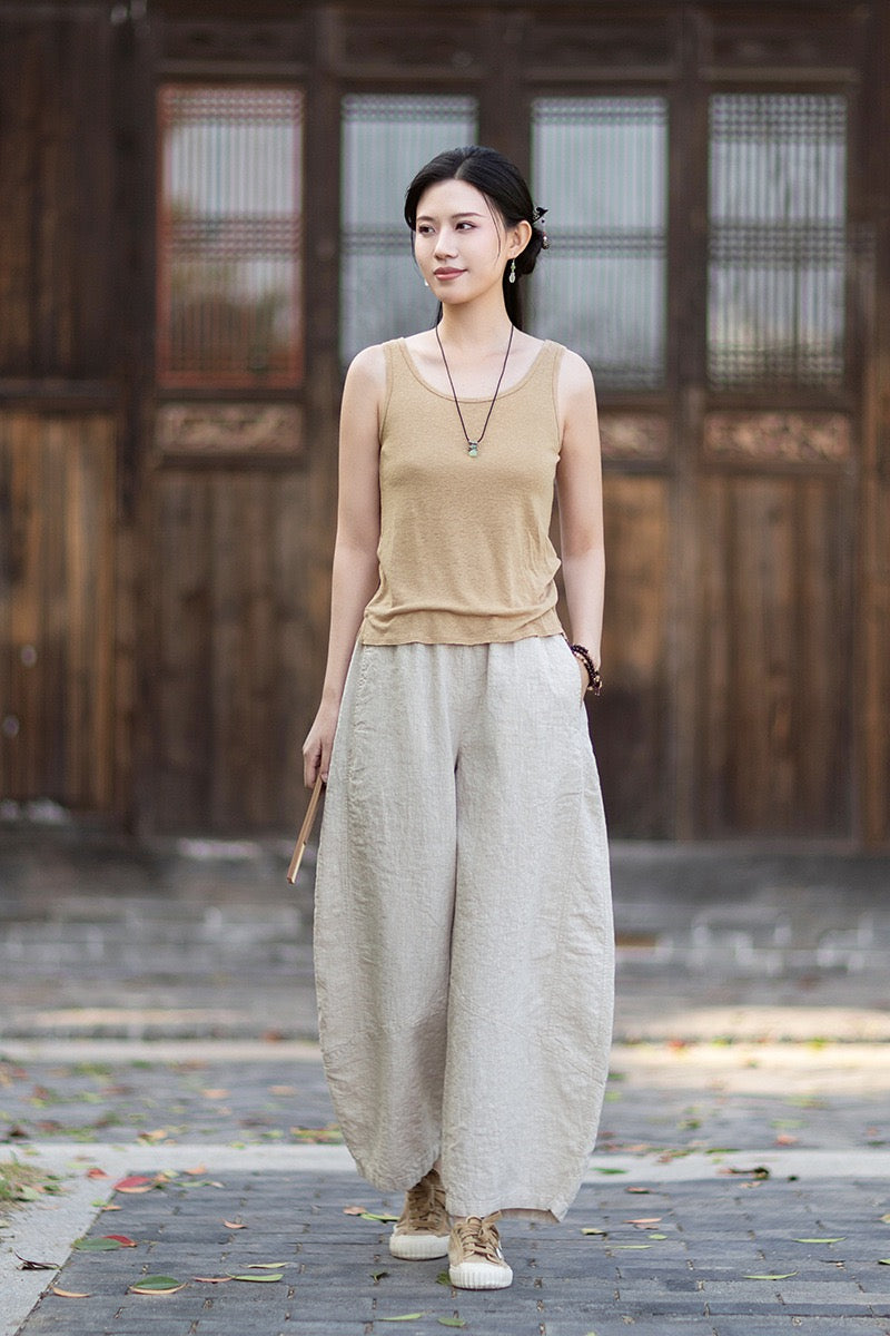 Tao One Tech™ • Zen Business Qigong Lantern Pants • Nine-Quarter Cropped Pants • Tech Pockets • Chinoiserie • Ramie Cotton