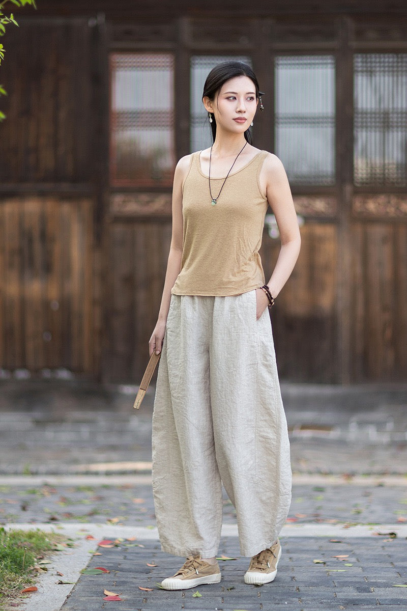 Tao One Tech™ • Zen Business Qigong Lantern Pants • Nine-Quarter Cropped Pants • Tech Pockets • Chinoiserie • Ramie Cotton
