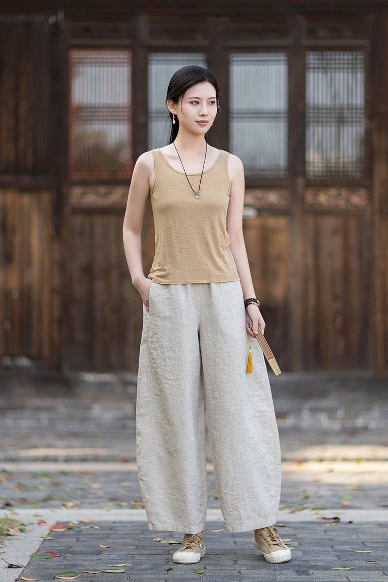 Tao One Tech™ • Zen Business Qigong Lantern Pants • Nine-Quarter Cropped Pants • Tech Pockets • Chinoiserie • Ramie Cotton