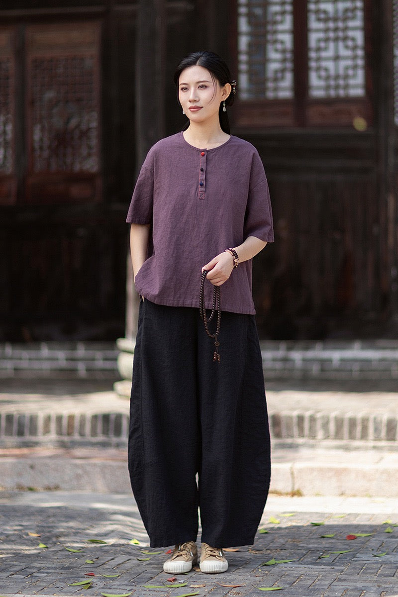 Tao One Tech™ • Zen Business Qigong Lantern Pants • Nine-Quarter Cropped Pants • Tech Pockets • Chinoiserie • Ramie Cotton