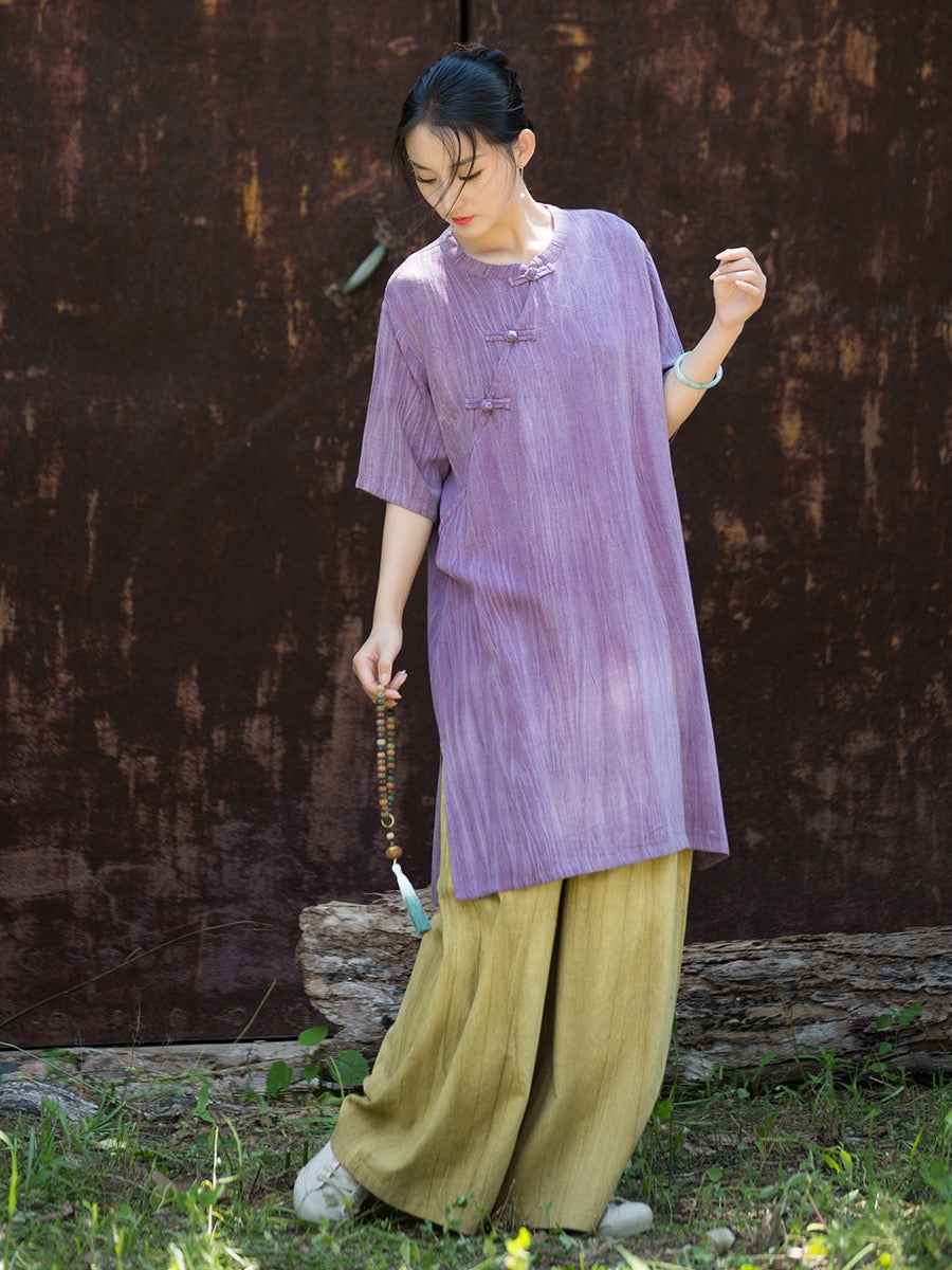Tao One Tech™ • Zen Qigong Tea Cheongsam Robe Dress • Gradient Tie Dye • Sunscreen Layer • All Season Layer • Chinoiserie • Tencel Lyocell Linen