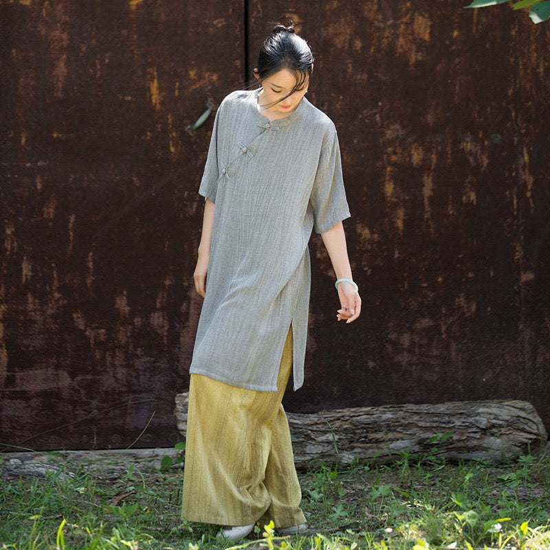 Tao One Tech™ • Zen Qigong Tea Cheongsam Robe Dress • Gradient Tie Dye • Sunscreen Layer • All Season Layer • Chinoiserie • Tencel Lyocell Linen