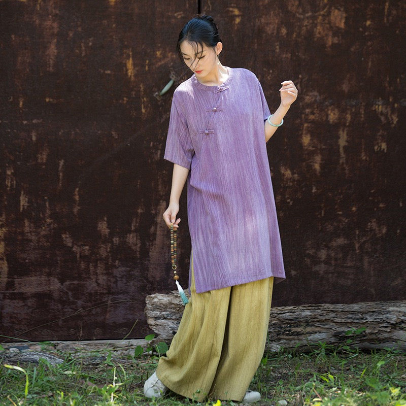 Tao One Tech™ • Zen Qigong Tea Cheongsam Robe Dress • Gradient Tie Dye • Sunscreen Layer • All Season Layer • Chinoiserie • Tencel Lyocell Linen