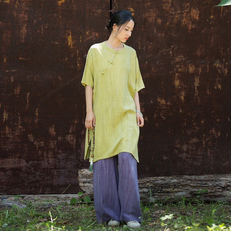 Tao One Tech™ • Zen Qigong Tea Cheongsam Robe Dress • Gradient Tie Dye • Sunscreen Layer • All Season Layer • Chinoiserie • Tencel Lyocell Linen