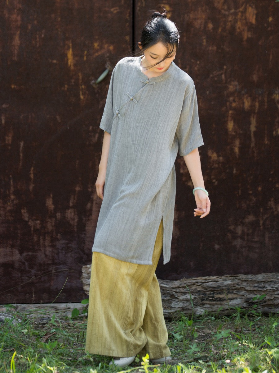 Tao One Tech™ • Zen Qigong Tea Cheongsam Robe Dress • Gradient Tie Dye • Sunscreen Layer • All Season Layer • Chinoiserie • Tencel Lyocell Linen