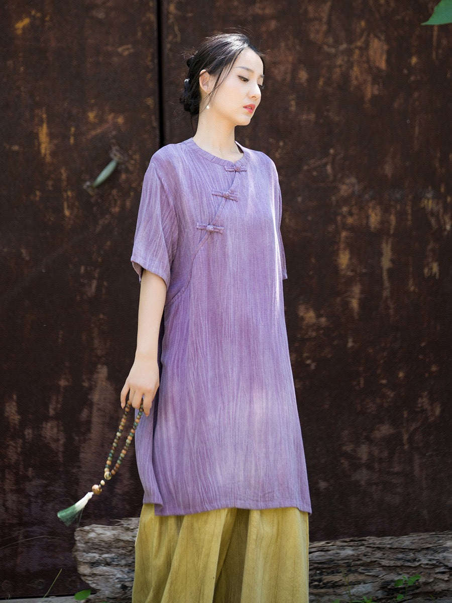 Tao One Tech™ • Zen Qigong Tea Cheongsam Robe Dress • Gradient Tie Dye • Sunscreen Layer • All Season Layer • Chinoiserie • Tencel Lyocell Linen
